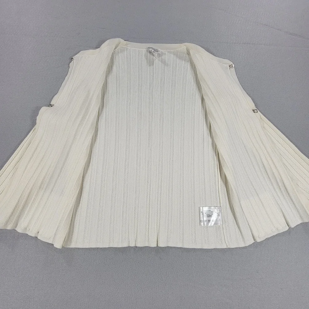 Vintage Chanel Ribbed Cardigan 06P Lagerfeld CC Logo Ivory Silk Trim Women XS 42